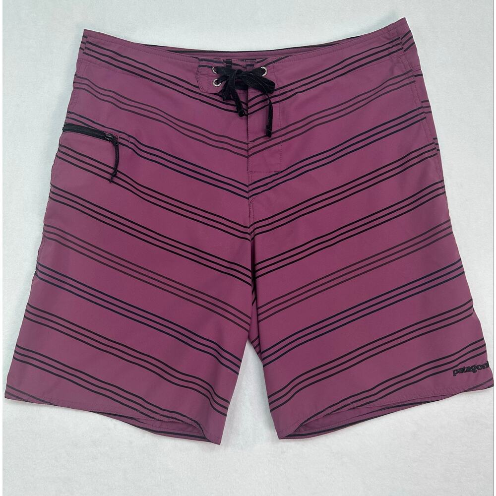 Patagonia Purple Striped Board Shorts Side Zip Pocket Surf Swim Shorts Size 32